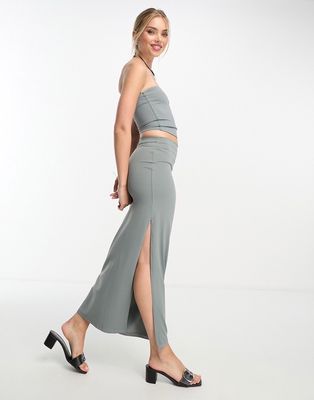 Pull & Bear soft shaping column maxi skirt in gray - part of a set