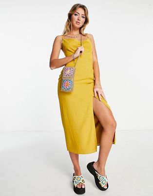 Pull & Bear spaghetti strap midi dress with front slit detail in mustard-Neutral