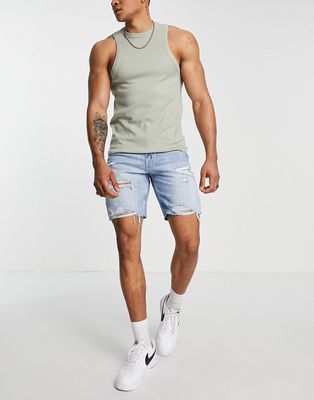 Pull & Bear straight fit denim shorts with rips in mid blue