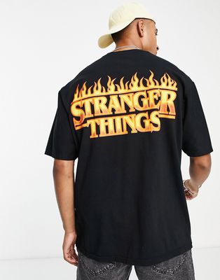 Pull & Bear stranger things back print t-shirt in black