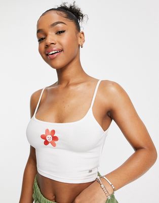 Pull & Bear strappy embroidered cropped tank top with floral detail in white