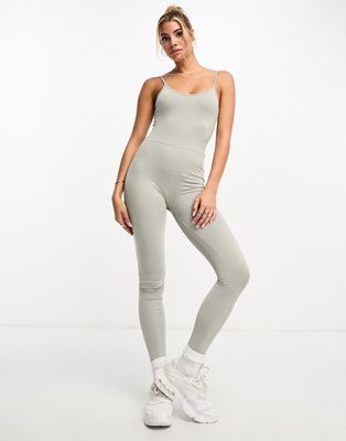 Pull & Bear strappy seamless unitard in stone-Neutral