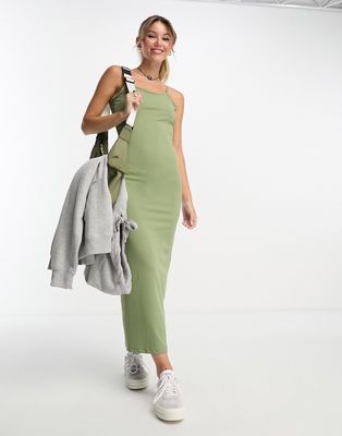 Pull & Bear strappy soft shaping maxi dress in khaki-Green