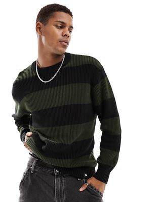 Pull & Bear stripe knit sweater in dark green