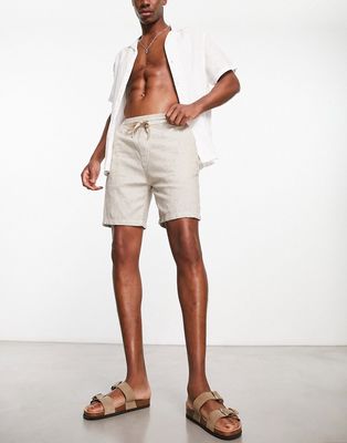 Pull & Bear striped linen shorts in ecru and brown-Neutral