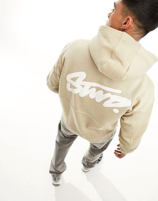 Pull & Bear stwd back printed hoodie in beige-Neutral