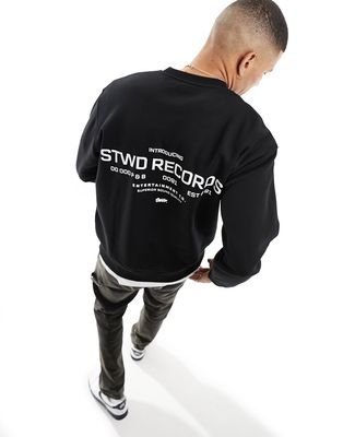 Pull & Bear Stwd record back printed sweatshirt in black