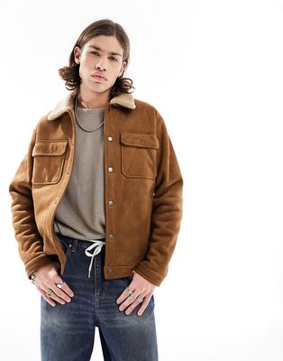 Pull & Bear suede trucker sherling jacket in brown