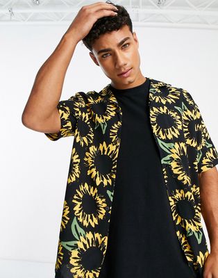 Pull & Bear sunflower print shirt in black