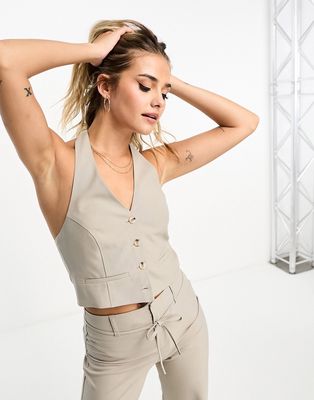 Pull & Bear tailored vest with strappy back detail in stone - part of a set-Gray
