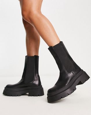 Pull & Bear tall ankle chunky chelsea boot in black