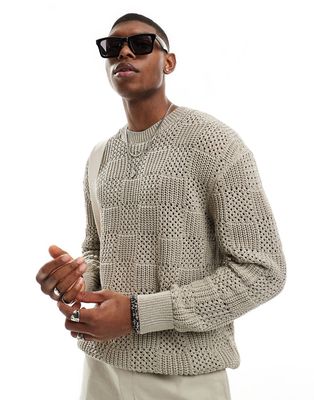 Pull & Bear textured knitted sweater in khaki-Green