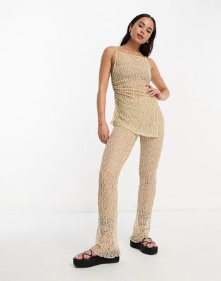 Pull & Bear textured mesh flare pants in beige - part of a set-Brown