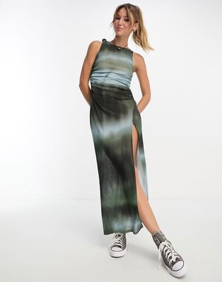 Pull & Bear thigh split column maxi dress in green ombre print