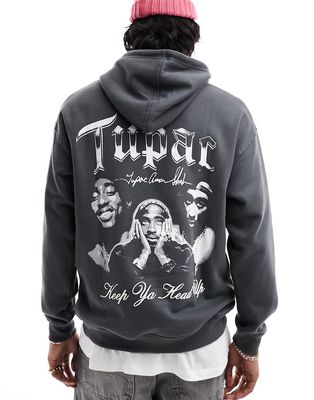 Pull & Bear Tupac hoodie in dark gray