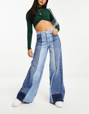 Pull & Bear two tone contrast wide leg jeans in blue - part of a set