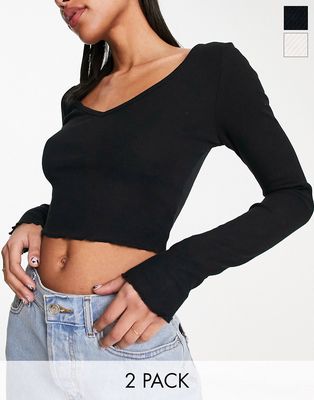 Pull & Bear v neck long sleeve crop top 2 pack in black and white