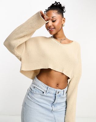 Pull & Bear v-neck ribbed cropped sweater in ecru-Neutral