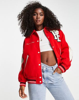 Pull & Bear varsity bomber jacket with collar and embroidery detail in red