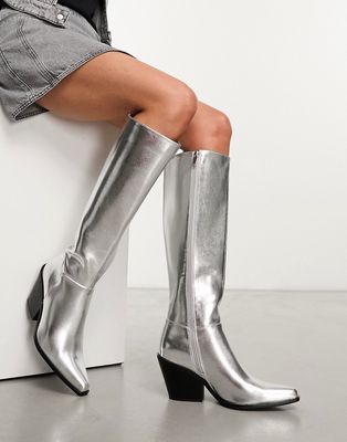 Pull & Bear Western style knee-high boots in silver