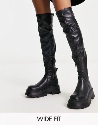 Pull & Bear wide fit thigh high chunky boot in black