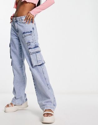Pull & Bear wide leg cargo jeans with pocket detail in washed blue