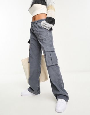 Pull & Bear wide leg cord cargo pants in gray
