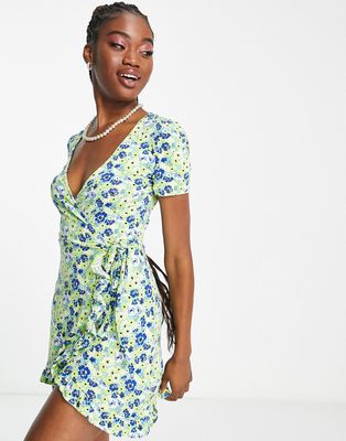 Pull & Bear wrap front floral mini dress in blue