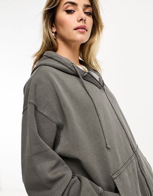 Pull & Bear zip up oversized hoodie in washed gray