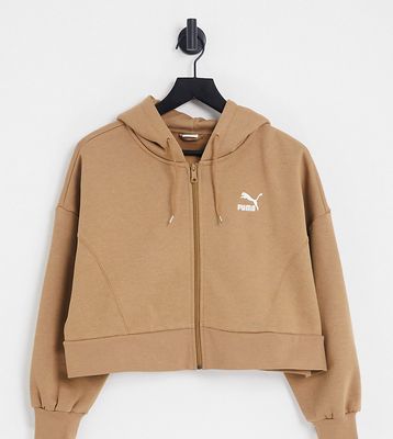 Puma boxy cropped zip through hoodie in tan - exclusive to ASOS-Brown