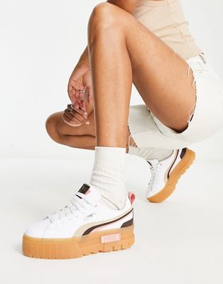 Puma Mayze sneakers in white and pink stripe with gum sole