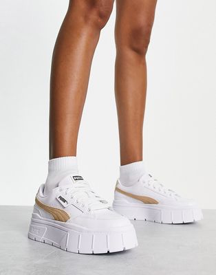 Puma Mayze Stack sneakers in white and oatmeal