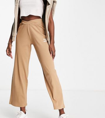 Puma ribbed high waist wide leg pants in tan - Exclusive to ASOS-Brown