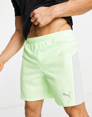 Puma Running Favorite woven 7-inch shorts in light green and gray