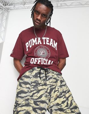 Puma Team t-shirt with varsity print in burgundy-Red