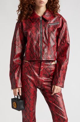 Puppets and Puppets Elliot Snakeskin Print Crop Faux Leather Jacket in Blood Red