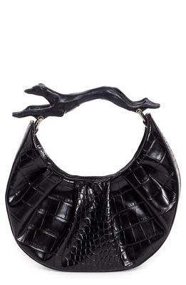 Puppets and Puppets Greyhound Handle Croc Embossed Patent Hobo Bag in Black