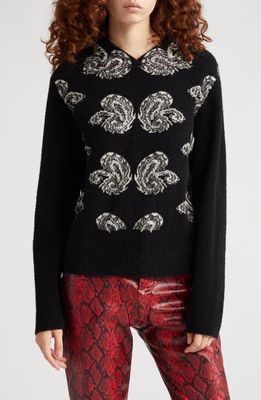 Puppets and Puppets Lena Paisley Jacquard V-Neck Wool Blend Sweater in Black/White