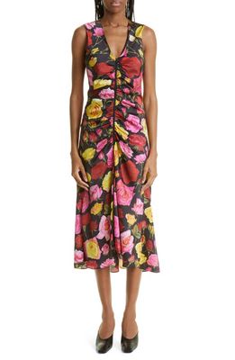 Puppets and Puppets Rose Print Gathered Satin Midi Dress in Black Floral