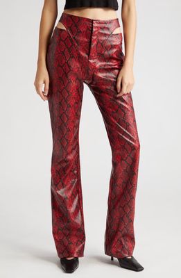 Puppets and Puppets Sarah Cutout Snakeskin Print Faux Leather Flare Pants in Blood Red