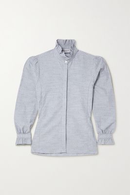 Purdey - Ladies Ruffled Embroidered Herringbone Cotton Shirt - Blue