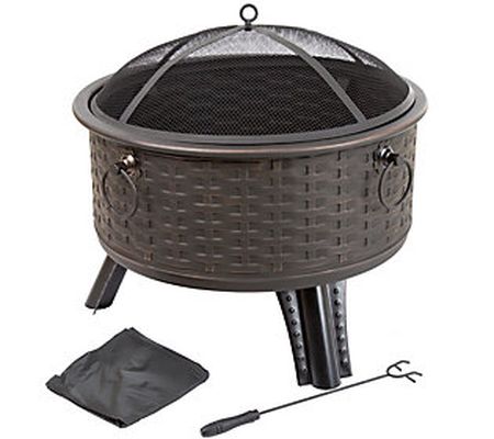 Pure Garden 26" Round Woven Metal Fire Pit with Cover