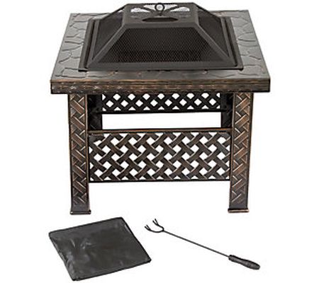 Pure Garden 26" Square Woven Metal Fire Pit wit h Cover