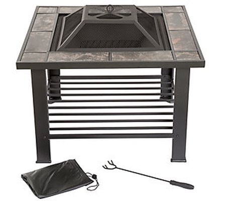 Pure Garden 30" Square Fire Pit and Table with Cover