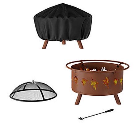 Pure Garden 32" Outdoor Deep Fire Pit with Leaf Cutouts
