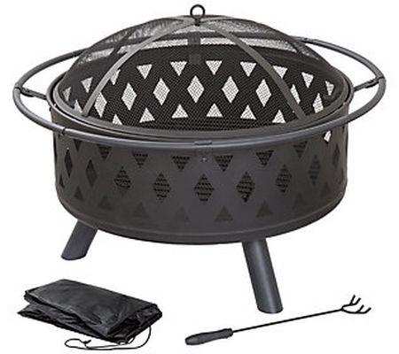 Pure Garden 32" Round Cross Weave Fire Pit with Cover