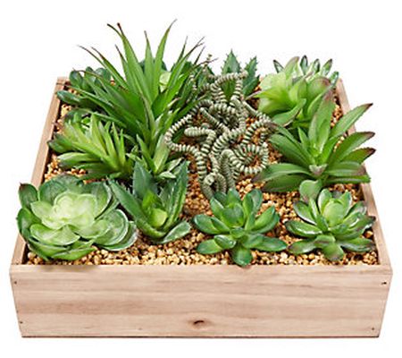 Pure Garden Assorted Faux Succulents with 10" W ooden Box