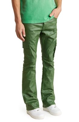 PURPLE BRAND Coated Stretch Flare Cargo Jeans in Green