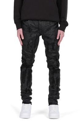 PURPLE BRAND Crackle Coated Stretch Skinny Jeans in Black Crackle Paint With Foil