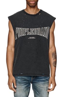PURPLE BRAND Distressed Sleeveless Graphic T-Shirt in Black